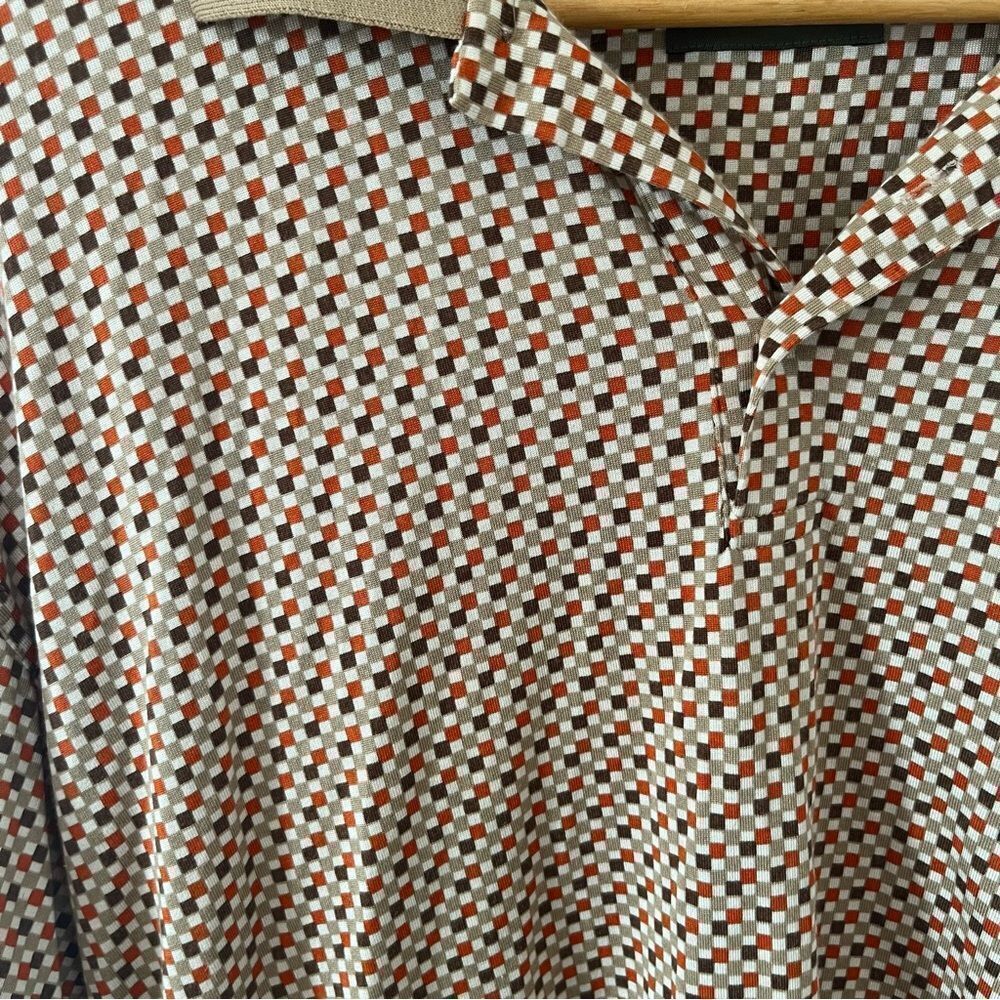 Bobby Chan Tan Orange Geometric Pattern Silk Cotton Blend Golf Polo‎ Shirt - Picture 6 of 7